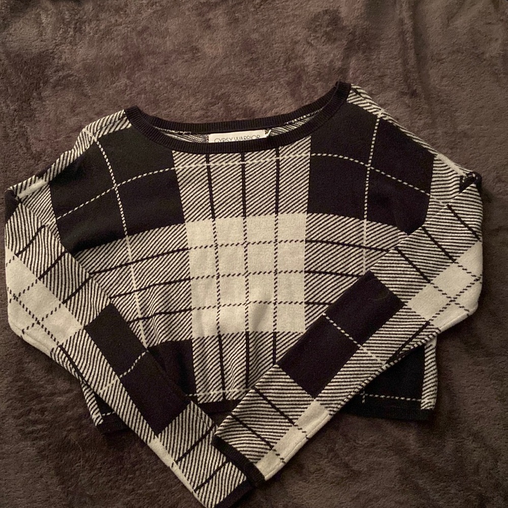 Gypsy Warrior Black and White Plaid Crop Sweater